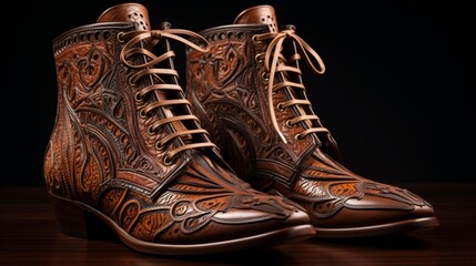 A pair of leather boots with intricate stitch details. - obrazy, fototapety, plakaty