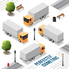 Yellow Isometric Big Truck from the Front Back Right and Left Views