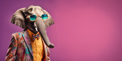 Cool looking elephant wearing funky fashion dress - jacket, tie, glasses. Wide banner with space for text at side. Stylish animal posing as supermodel. Generative AI