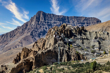 View of a buddhist monastery scattered on mountain cliff edges