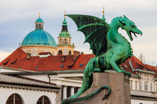 Sculpture of dragon on Dragon bridge in Ljubljana, Slovenia