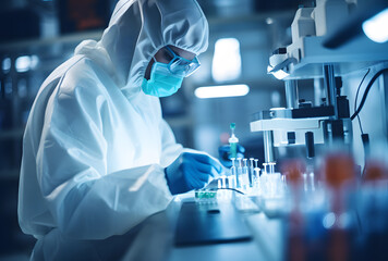 Fototapeta premium Closep-up image of a researcher in a protective mask working in a laboratory