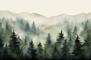 Continuous motif of misty coniferous woods. Evergreen trees set against a blank backdrop. Generative AI