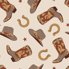 Howdy western cowboy cowgirl accessories retro boots hat lucky horse shoe vector seamless pattern. Groovy wild west background.