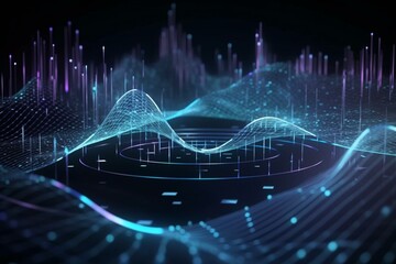 Blockchain data fields, network connection, AI concepts, digital communication, scientific inquiry, 3D illustrations of musical waves. Generative AI - obrazy, fototapety, plakaty