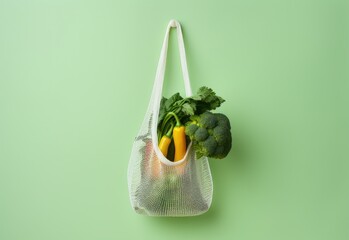 Reusable string bag with vegetables on green background. Sustainable healthy shopping. Generative AI