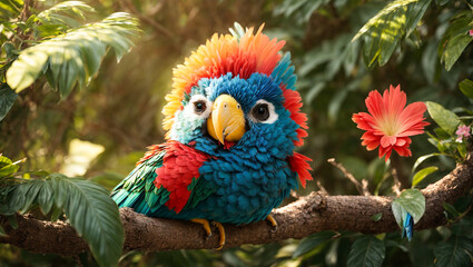 Cute funny cartoon parrot tropical leaves, flowers