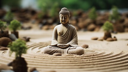 A peaceful Zen garden with a stone Buddha statue surrounded by sand patterns.