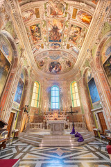 GENOVA, ITALY - MARCH 8, 2023: The presbytery of church Chiesa di San Rocco sopra Principe with the ceiling fresco by Giovanni Carlone (1584 – 1631). - obrazy, fototapety, plakaty