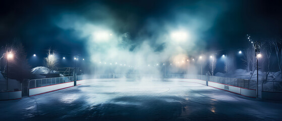 Fototapeta premium Empty Ice Rink Background. Professional Arena illuminated by lights, spotlights with smoke. Copyspace. Winter poster for hockey competitions. Ice skating. Stadium. Generative ai