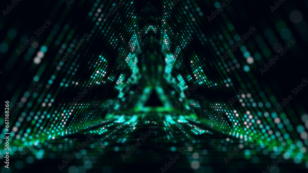 Poster technology green wireframe triangle tunnel on dark background. futuristic 3d wormhole grid. digital 