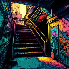 colorful noir cartoon style New York Bronx USA the view looking down stairs towards a subway terminal dangerous graffitti everywhere  - obrazy, fototapety, plakaty