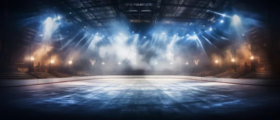 Schilderijen op glas Empty Ice Rink Background. Professional Arena illuminated by lights, spotlights with smoke. Copyspace. Winter poster for hockey competitions. Ice skating. Stadium. Generative ai © Inai