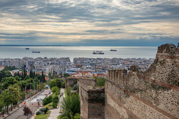Thermaic Gulf seen from eastern part of Walls of Thessaloniki, remains of Byzantine walls in...