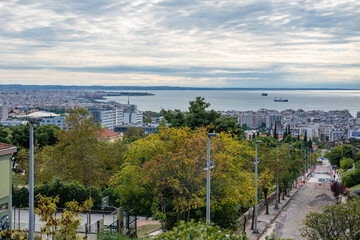 Aerial view from eastern part of Walls of Thessaloniki, remains of Byzantine walls in Thessaloniki, Greece