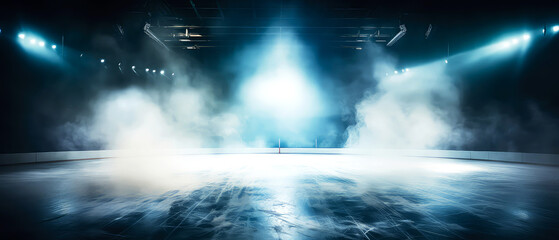 Empty Ice Rink Background. Professional Arena illuminated by lights, spotlights with smoke. Copyspace. Winter poster for hockey competitions. Ice skating. Stadium. Generative ai - obrazy, fototapety, plakaty