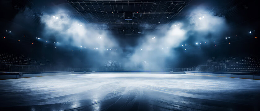 Empty Ice Rink Background. Professional Arena illuminated by lights, spotlights with smoke. Copyspace. Winter poster for hockey competitions. Ice skating. Stadium. Generative ai