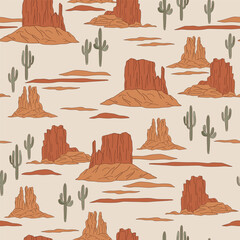 Western desert nature landscape mountain cactus vector seamless pattern. Groovy wild west background.