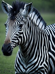 Fototapeta na wymiar Zebra in Repose. The distinctive stripes and peaceful demeanor create a scene of serene beauty against the soft hues of the grass background, evoking a moment of calm in the wild. Ai Generated