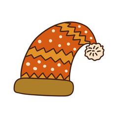 Red Santa Claus hat on white background. Colorful vector isolated illustration hand drawn doodle icon with contour. New Years headdress, Christmas accessory, clip art or card