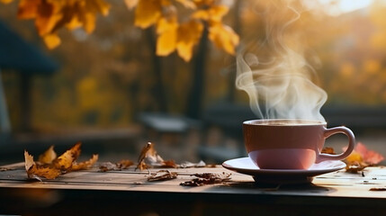 Naklejka na ściany i meble A cup of steaming coffee among fallen yellow leaves.