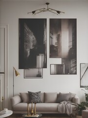 A well-lit living area showcases a plush sofa, while a vertical poster frame enhances the room's artistic ambiance. Ai Generated