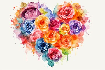 Colorful roses in heart shape with watercolor in multicolored design. Decorated by various color of petal on floral passion. Finest. Generative AI