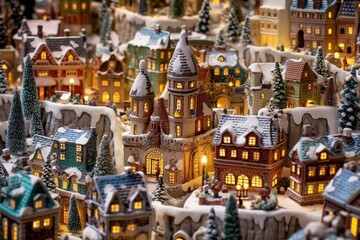 Nighttime magical snow village with city lights and Christmas decorations. Generative AI