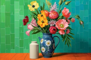 an artwork featuring vibrant flowers in a pink vase on a table against green walls. Generative AI