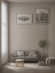 The elegance of the room is emphasized by a sophisticated sofa, with a horizontal poster frame that complements the refined decor. Ai Generated