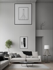 A minimalist interior design is elevated by a stylish sofa, with a vertical poster frame lending an artistic touch to the space. Ai Generated