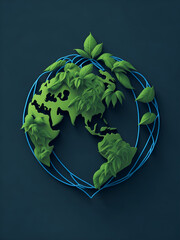 Globe of planet Earth. the globe Overlay with growing plant vines, connecting continents and symbolizing global agricultural standardization.  shades of green and blue. Ai Generated