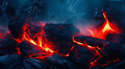 Background of volcano lava flow over black background with flames and smoke. Ai generative.