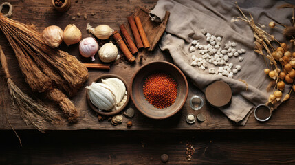 Spices and herbs on wooden background. Food and cuisine ingredients. Ai generative.
