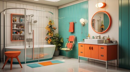 A retro-style bathroom with vibrant colors and mid-century modern vibes.