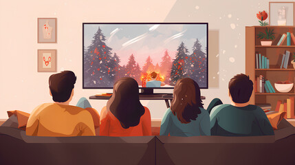 4 people sitting in front of television vector style - obrazy, fototapety, plakaty