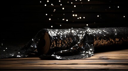 A roll of sequin fabric unspooled across a dark table. - obrazy, fototapety, plakaty