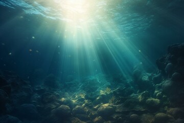 Fototapeta na wymiar Background of sunbeams and deep sea underwater. Generative AI