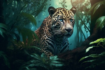 Stunning 3D rendering of a majestic jaguar amidst trees on a dark background. Generative AI