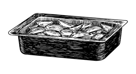 Sketch style baking dish with potatoes. Black and white baking tray with food. Engraving style kitchenware. Hand drawn kitchen utensils with baked food