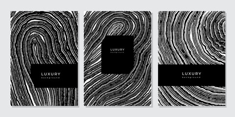 Set of luxury black and white backgrounds with wood annual rings texture. Template with shiny tree ring pattern. Stamp of tree trunk in section. Wooden concentric circles. Grunge background - obrazy, fototapety, plakaty
