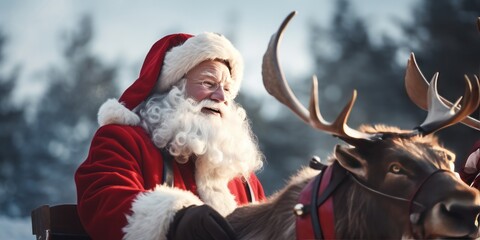 A Close-Up of Santa Claus and His Reindeer Embracing the Digital Age with Xmas Shopping, Gift Selection, and Online Shopping Using a Web-Based Platform and Digital Tablet for Efficient Holiday Plannin - obrazy, fototapety, plakaty