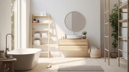 A Scandinavian-inspired bathroom with clean lines and wood accents.