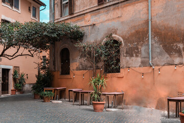 wall of a building with potted plants. Charming facade with shutters. Paved sidewalk