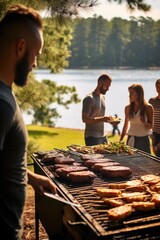 Group of people grilling meat close to a lake