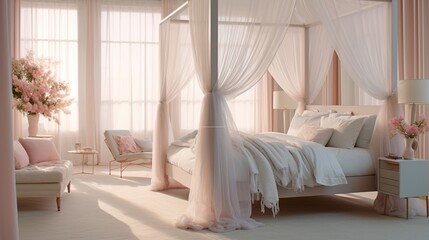 A serene bedroom retreat with a four-poster canopy bed, flowing curtains, and soft pastel hues to create a dreamy atmosphere. - Powered by Adobe