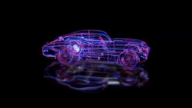 render 3D animation, model classic car on a black background future technology screen