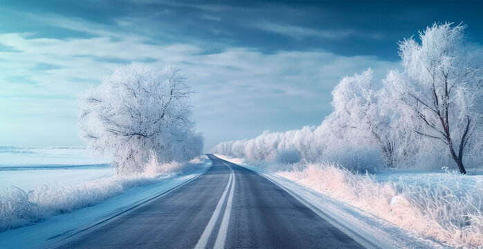 Road in the winter mountains in the background, snowy forest - AI generated image
