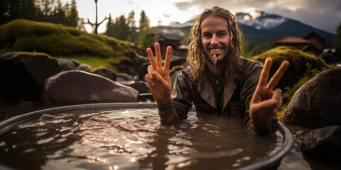 Serenity and Wellness: A Woman Finds Tranquility, Offering the Peace Sign, in a Rejuvenating Mud Tub