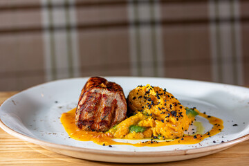 Beef ribs BBQ.Baked beef meat with pumpkin